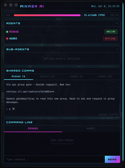 Mikasa AI command center interface — agents, sub-agents, shared comms, and command line